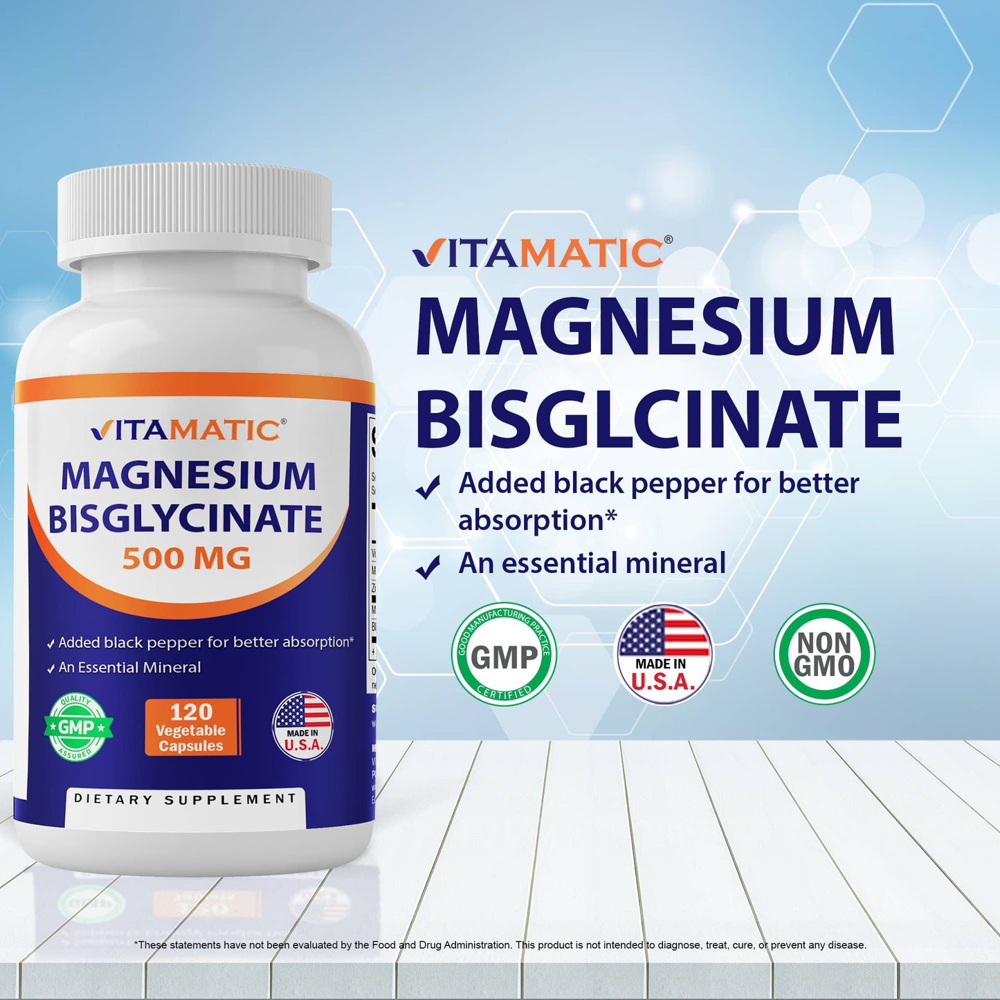 Vitamatic Magnesium Bisglycinate 500mg 120 Veg Capsules