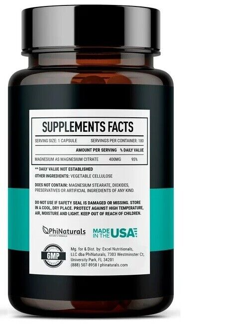 Magnesium Citrate 400mg 180 Caps Vegetarian/Gluten Free/Non-GMO Phi