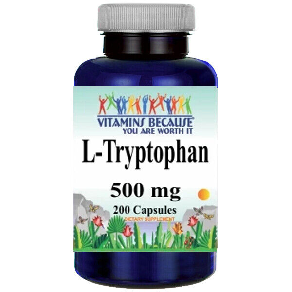 L-Tryptophan 500mg 1000mg per 4 200 Caps by Vitamins Because Your Worth it