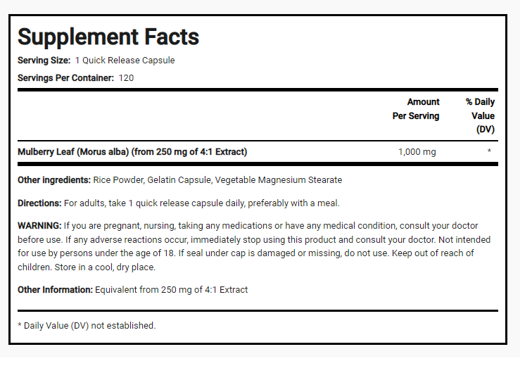 Mulberry Leaf 1000mg 120 Caps Morus Alba Contains naturally occurring Quercetin