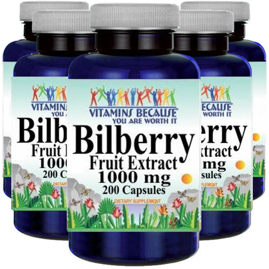 Bilberry Fruit Extract 1000mg 5X200 Caps (Vaccinium Myrtillus) Vitamins Because