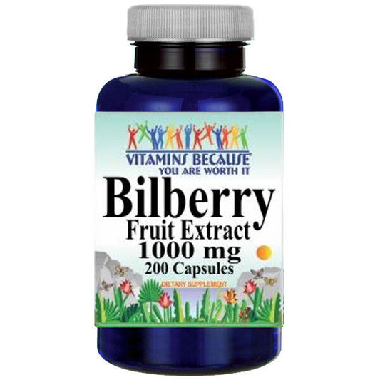 Bilberry Fruit Extract 1000mg 200 Caps (Vaccinium Myrtillus) Vitamins Because