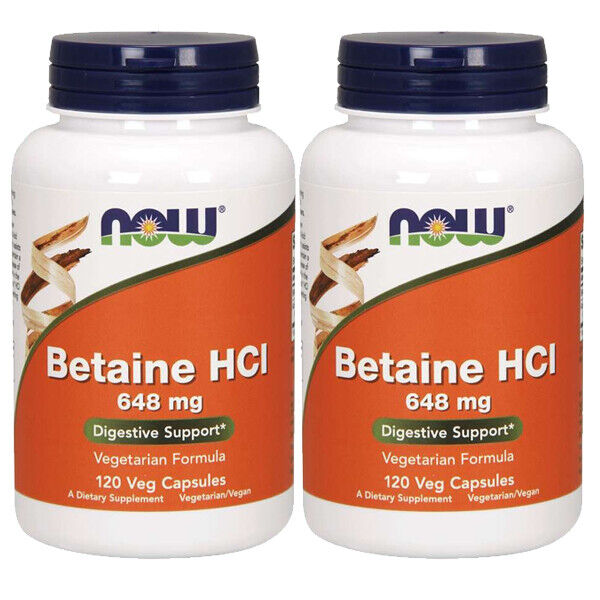 NOW Foods BETAINE HCL 648mg Pepsin 2X120 Cap Hydrochloride HCI Digestive Enzyme