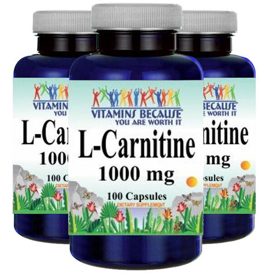 L-Carnitine 1000mg (Free Form) 3X100 or 1X200 + 1X100 caps by Vitamins Because