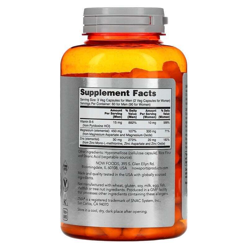 NOW Sports ZMA 800mg Zinc Magnesium Vitamin B6 2X90 or 1X180 caps Kosher