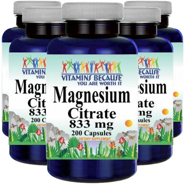 Magnesium Citrate 833mg 5X200 Caps - Made US/USDA Facility - Vitamins Because