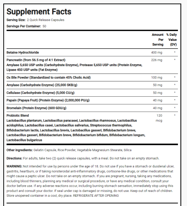 Super Strength Multi Enzymes 100Caps Betaine 400mg/Ox Bile 100mg/Bromelain 600GD