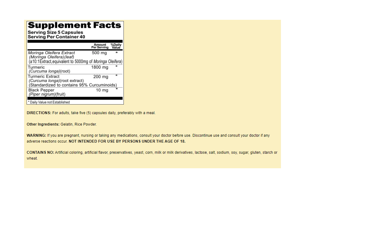 Turmeric Curcumin 2000mg with Moringa Oleifera 5000mg Black Pepper 5X200 Caps