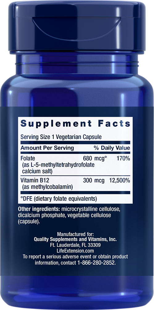 Life Extension BioActive Folate 400mcg & Vitamin B12 300mcg 90Caps methyl-folate