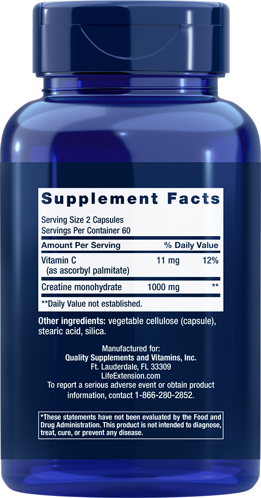 Life Extension Creatine Capsules 120 caps Creatine 1000mg/Vitamin C 11mg