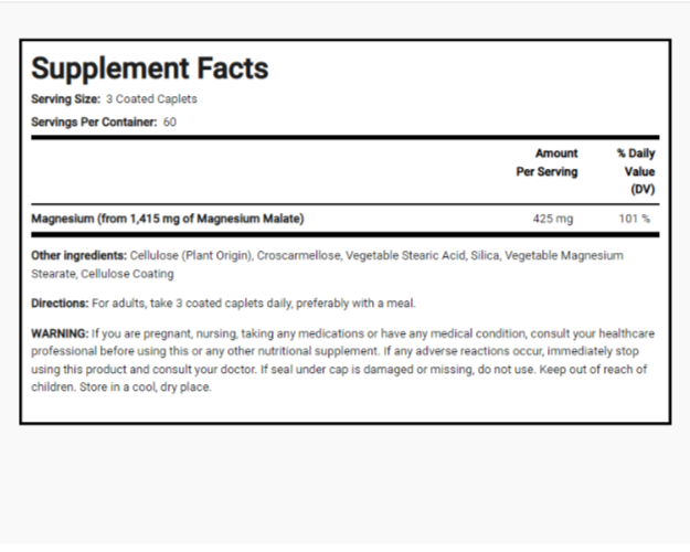 Magnesium Malate 1400mg 1415mg per serving 180 Caplets