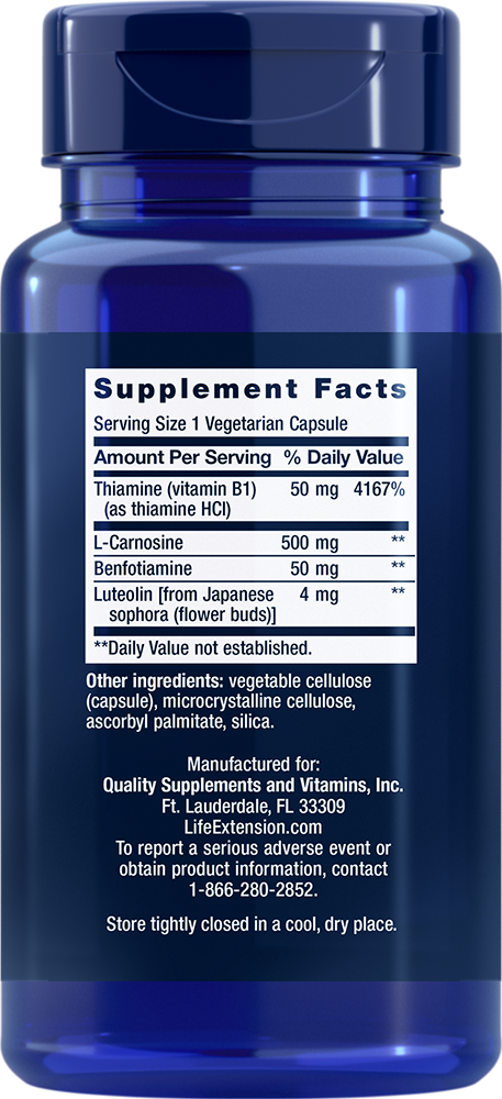 Life Extension Super Carnosine 500mg 60 Caps L-Carnosine/Luteolin/Benfotamine