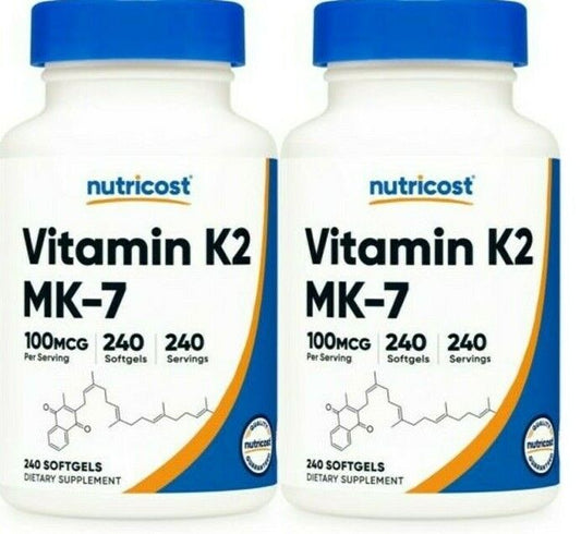 Vitamin K2 MK-7 100 mcg, 2X240 gels Gluten Free/Non-GMO Nutricost Menaquinone-7