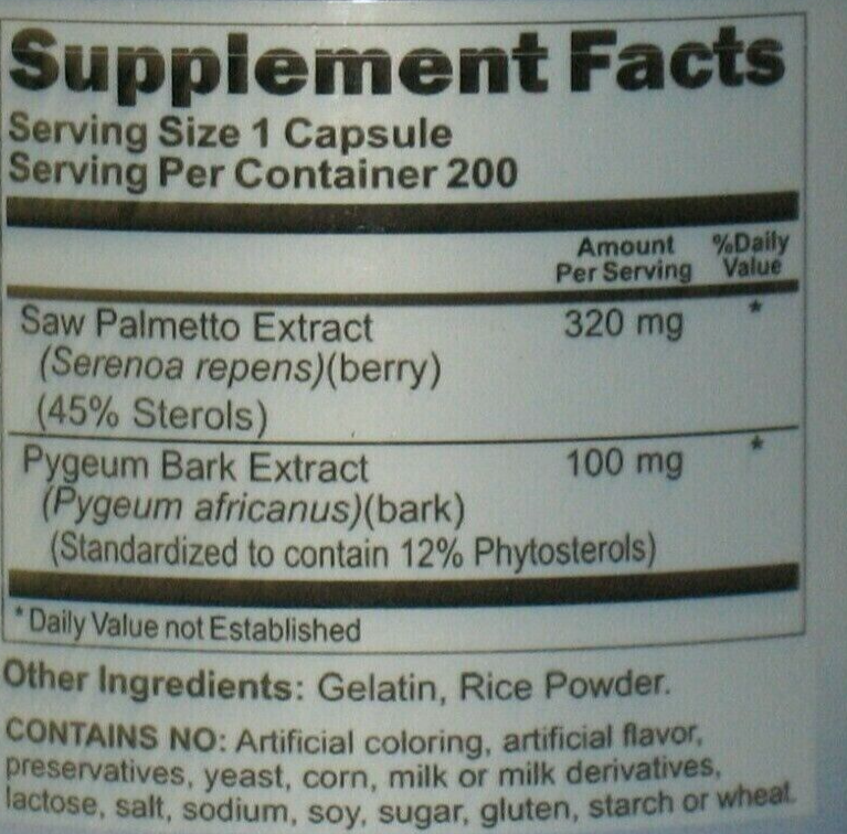 Pygeum Bark Saw Palmetto Berry 200 Caps Herbal Prostate Support Aid Phytosterols