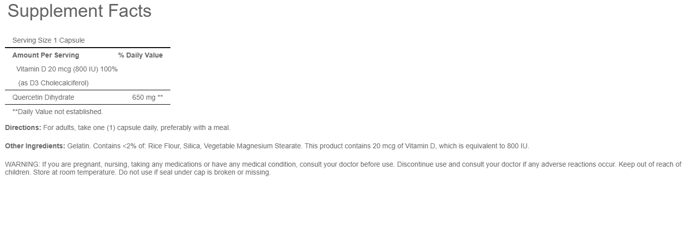 Quercetin Dihydrate 650mg with Vitamin D 800IU 60 Caps Quercetin 1300mg per 2