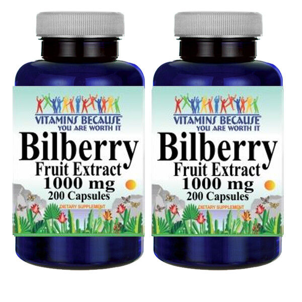 Bilberry Fruit Extract 1000mg 2X200 Caps (Vaccinium Myrtillus) Vitamins Because