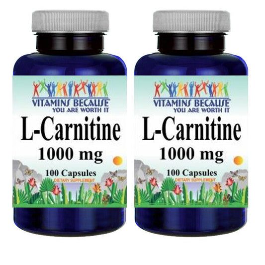 L-Carnitine 1000mg (Free Form) 2X100 or 1X200 capsules by Vitamins Because