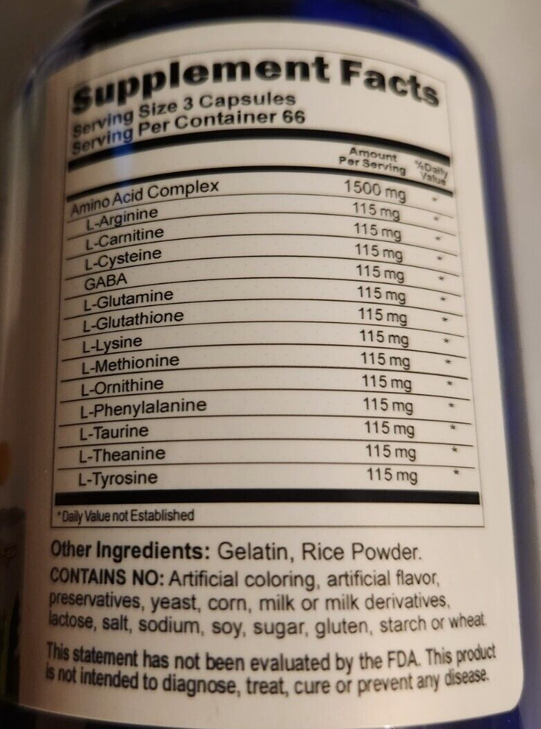 Amino Acid Complex 1500mg 13 ESSENTIAL AMINO ACIDS 200 Caps L-Glutathione 115mg