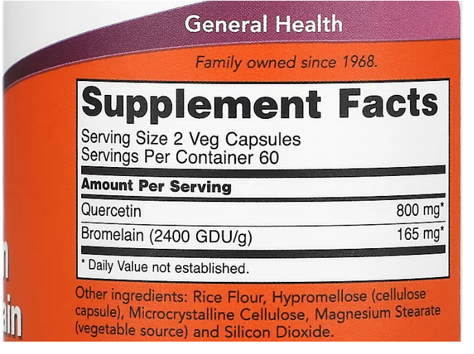 Now Foods Quercetin 800mg with Bromelain 2X120 or 1X240 Caps and 2400GDU