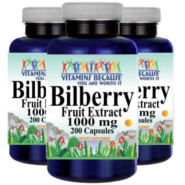 Bilberry Fruit Extract 1000mg 3X200 Caps (Vaccinium Myrtillus) Vitamins Because