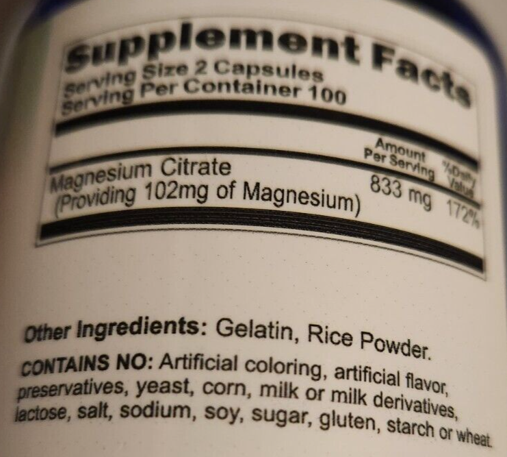 Magnesium Citrate 833mg 200 Caps - Made US/USDA Facility - Vitamins Because